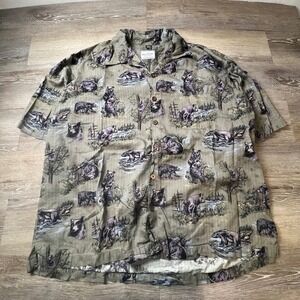 David Carey Bear Print Shirt Mens 2XL Olive Green Cotton Rayon Wildlife Camp